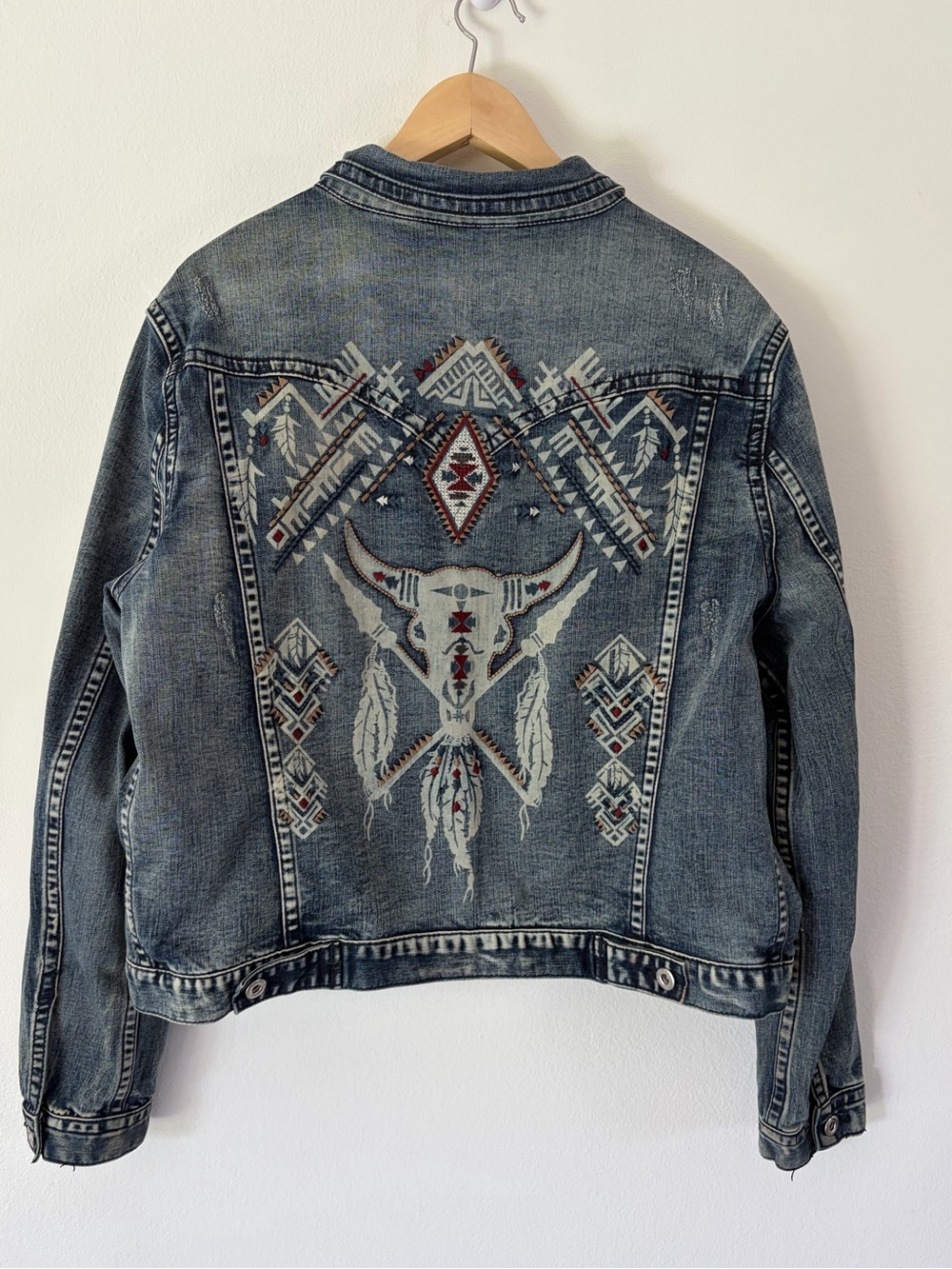 Grace in LA Western Aztec Steer Head Embroidered Denim Jacket Size XL